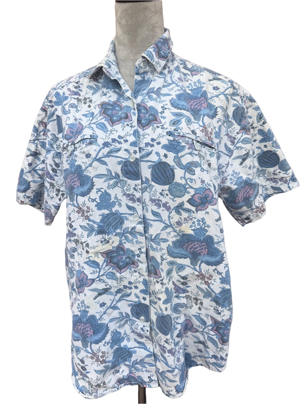 Vintage Andrew's Blues Floral Button Up Shirt Small Cotton Western Cottagecore